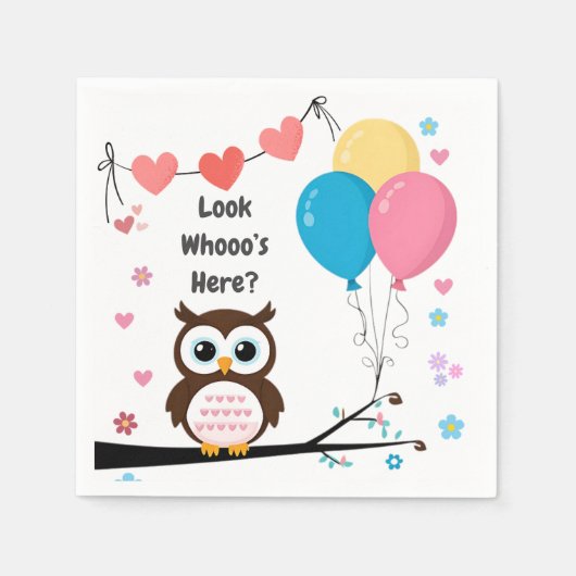 愛らしいフクロウと風船&ハート赤ちゃんシャワー スタンダードカクテルナプキン (正面)