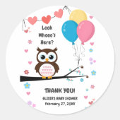 愛らしいフクロウと風船&ハート赤ちゃんシャワー ラウンドシール (正面)