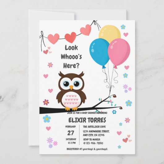 愛らしいフクロウと風船&ハート赤ちゃんシャワー 招待状 (正面)