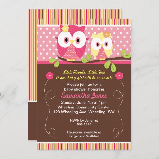 愛らしいフクロウのベビーシャワーの誕生日の招待状 招待状 (正面/裏面)