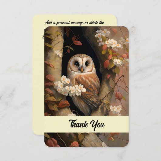 愛らしいフクロウの油絵 サンキューカード (正面/裏面)