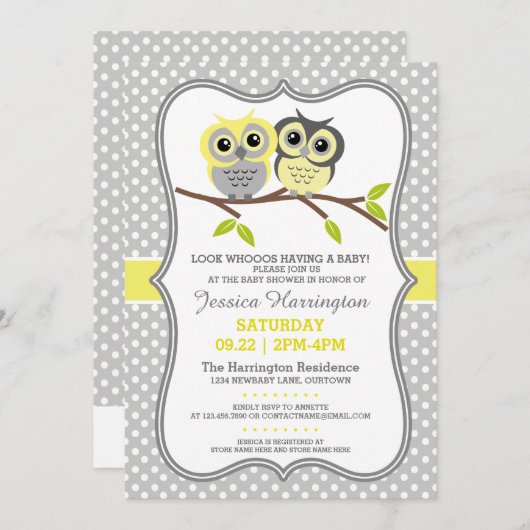 愛らしいフクロウの赤ちゃんシャワー 招待状 (正面/裏面)