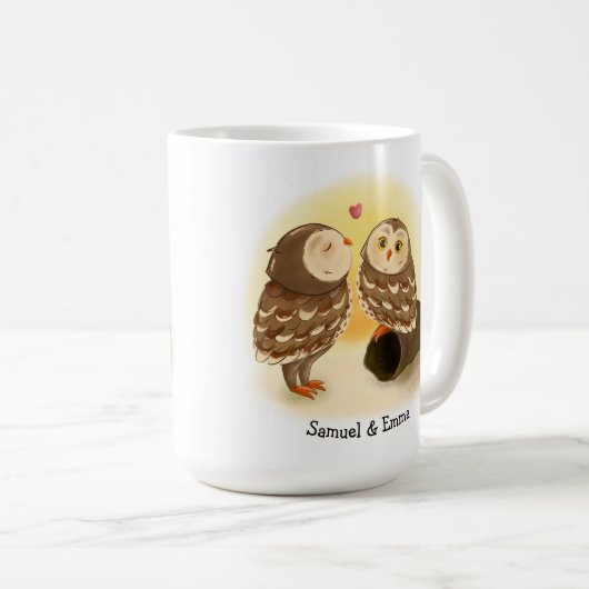 愛らしいフクロウカップルインザサンセットロマンチックマグ コーヒーマグカップ (正面右)
