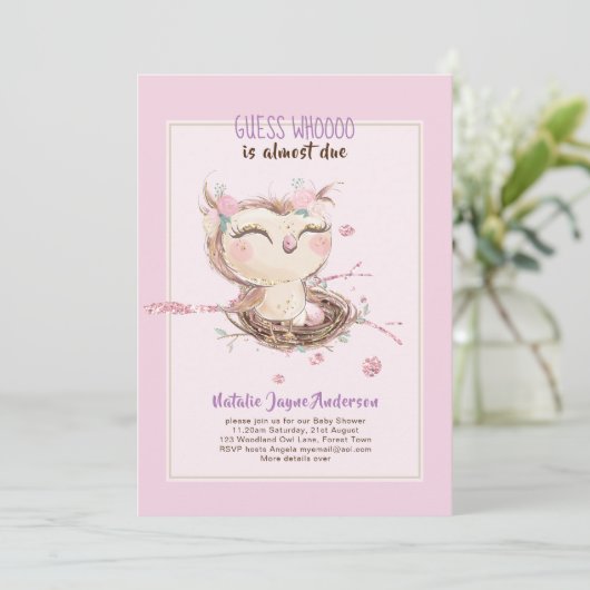 愛らしいフクロウ赤ちゃんシャワー女の子または男の子の招待状 招待状 (スタンド正面)