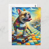 愛らしいフランスのブルドッグスケートボーカラフルディング ポストカード (正面/裏面)