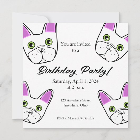 愛らしいフランスのブルドッグ顔誕生日 招待状 (裏面)