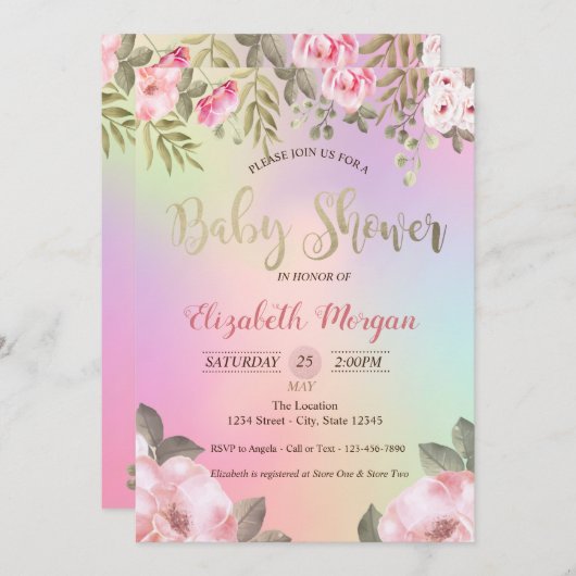 愛らしいフローラホログラフィックベビーシャワー招待状 招待状 (正面/裏面)