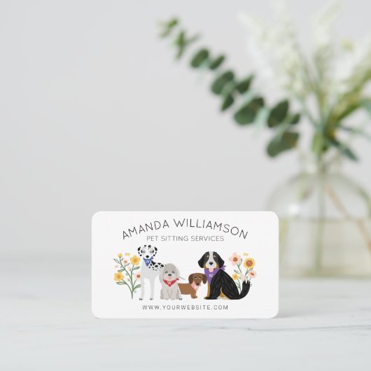 愛らしいフローラ犬がペットケアサービスホワイトを育てる 名刺 (スタンド正面)