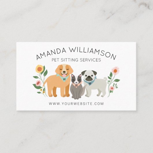 愛らしいフローラ犬と猫ペットケアサービスホワイト 名刺 (正面)