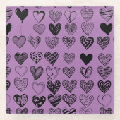 愛らしいブラックハートスクライブルスケッチガラスコース ガラスコースター (正面)