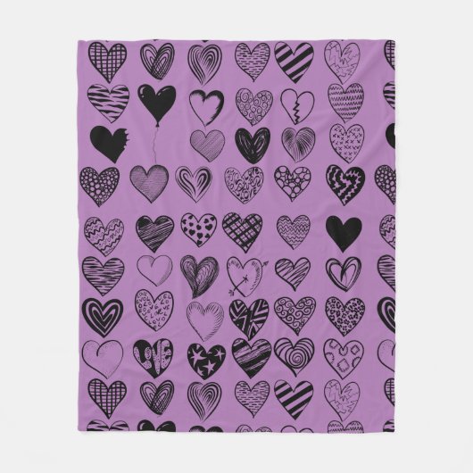 愛らしいブラックハート落書きスケッチフリース 空白の フリースブランケット (正面)