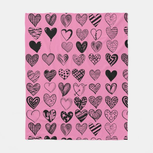 愛らしいブラックハート落書きスケッチフリース 空白の フリースブランケット (正面)