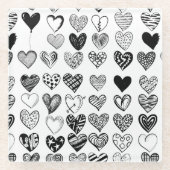 愛らしいブラックハート落書きスケッチ ガラスコースター (正面)