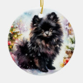 愛らしいブラックポメラニア犬ウォーターカラークリスマス セラミックオーナメント (正面)