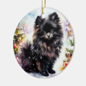 愛らしいブラックポメラニア犬ウォーターカラークリスマス セラミックオーナメント (左)