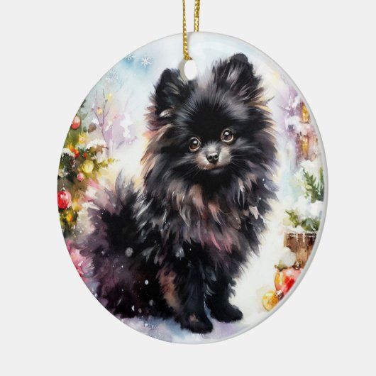 愛らしいブラックポメラニア犬ウォーターカラークリスマス セラミックオーナメント (左)
