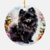愛らしいブラックポメラニア犬ウォーターカラークリスマス セラミックオーナメント (裏面)