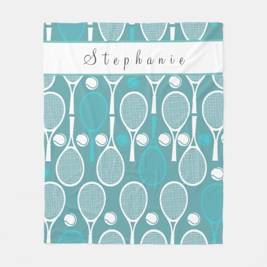 愛らしいブルーグリーンかわいいテニスガールあなたの名前おもしろい フリースブランケット (正面)