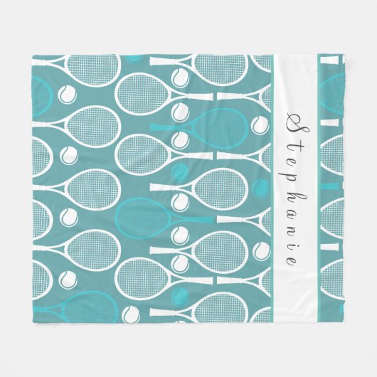 愛らしいブルーグリーンかわいいテニスガールあなたの名前おもしろい フリースブランケット (正面(横))