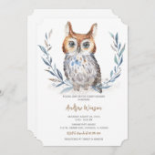 愛らしいブルーフクロウ赤ちゃんシャワー 招待状 (正面/裏面)