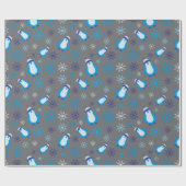 愛らしいブルーペンギンと雪片グレーシームレス ラッピングペーパー (フラット)