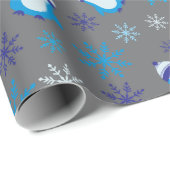 愛らしいブルーペンギンと雪片グレーシームレス ラッピングペーパー (ロールコーナー)