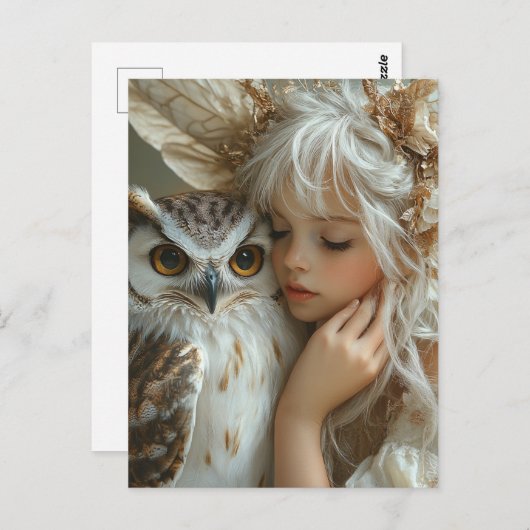 愛らしいブロンドの妖精とフクロウ ポストカード (正面/裏面)