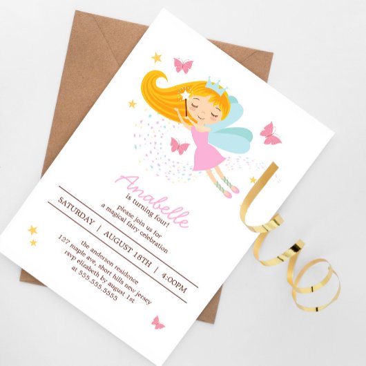 愛らしいブロンドフェアリープリンセスガールズ誕生日 招待状