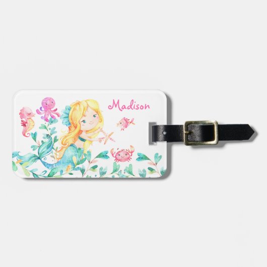 愛らしいブロンド人魚の女の子の荷物タグ ラゲッジタグ (正面横)