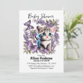 愛らしいベビーの子猫と蝶の赤ちゃんシャワー 招待状 (スタンド正面)
