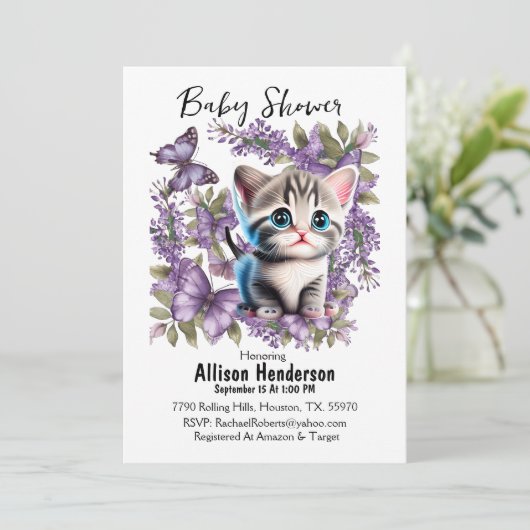愛らしいベビーの子猫と蝶の赤ちゃんシャワー 招待状 (スタンド正面)