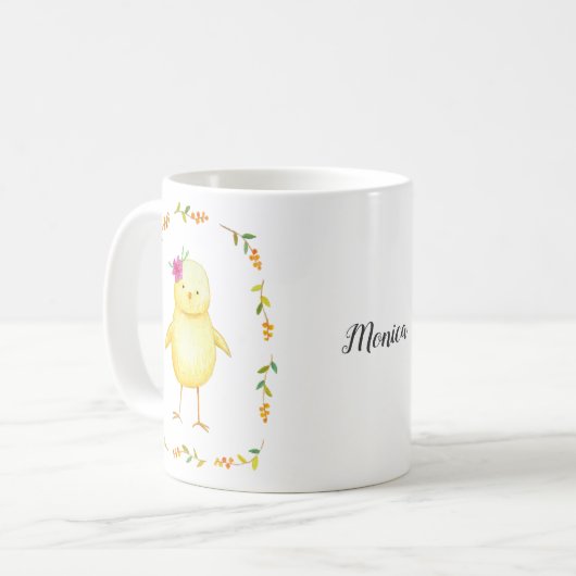 愛らしいベビーの雛と花のカスタマイズ可能な名前 コーヒーマグカップ (正面左)