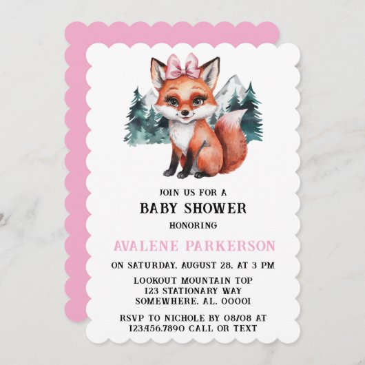 愛らしいベビーキツネ水の色の女の子ベビーシャワー 招待状 (正面/裏面)