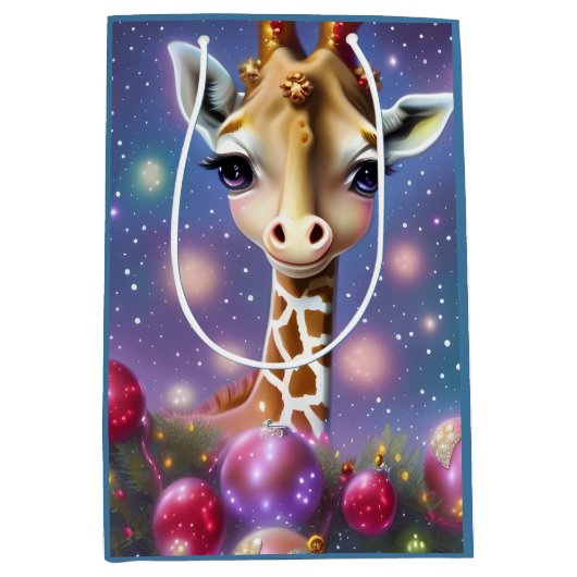 愛らしいベビーキリンとホリーとグリッター ミディアムペーパーバッグ (正面)