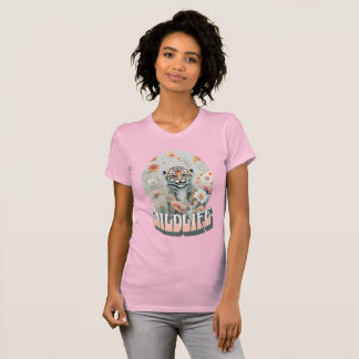 愛らしいベビーグレー トラ 野の花 水彩画  Tシャツ
