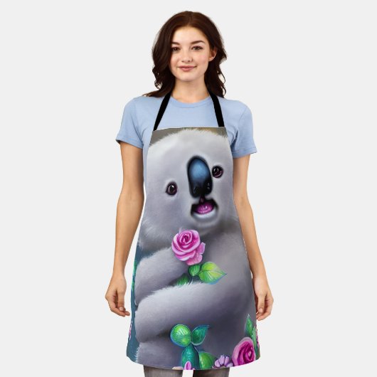 愛らしいベビーコアラクマ花付き エプロン (着用した状態)