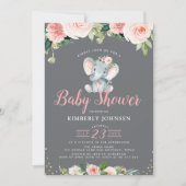 愛らしいベビーゾウのピンクのフローラの赤ちゃんシャワー 招待状 (正面)