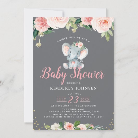 愛らしいベビーゾウのピンクのフローラの赤ちゃんシャワー 招待状 (正面)