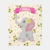 愛らしいベビーゾウ水彩フローラ フリースブランケット (正面)