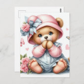 愛らしいベビーテディベアとピンクの帽子と弓 ポストカード (正面/裏面)