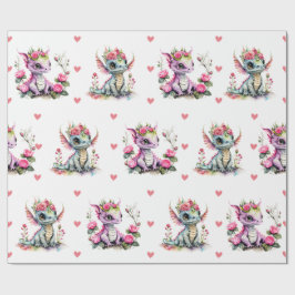 愛らしいベビードラゴン&ハートオンホワイトバレンタイン ラッピングペーパー