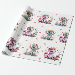 愛らしいベビードラゴン&ハートオンホワイトバレンタイン ラッピングペーパー