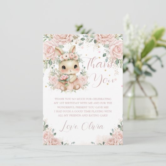 愛らしいベビーバニーラビット赤面第1回2回目の誕生日 サンキューカード (スタンド正面)