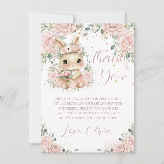 愛らしいベビーバニーラビット赤面第1回2回目の誕生日 サンキューカード (正面)