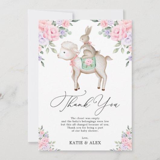 愛らしいベビーバニー&ラムピンクパープルフラワーズ サンキューカード (正面)