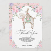 愛らしいベビーバニー&ラムピンクパープルフラワーズ サンキューカード (正面/裏面)