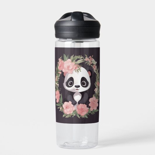 愛らしいベビーパンダのクマと花 ウォーターボトル (正面)