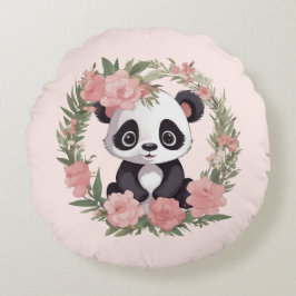 愛らしいベビーパンダのクマと花 ラウンドクッション