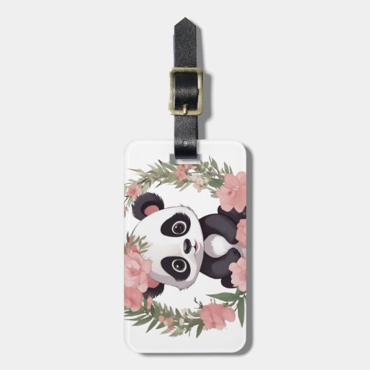 愛らしいベビーパンダのクマと花 ラゲッジタグ (正面縦)
