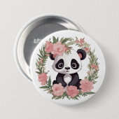愛らしいベビーパンダのクマと花 缶バッジ (正面&裏面)